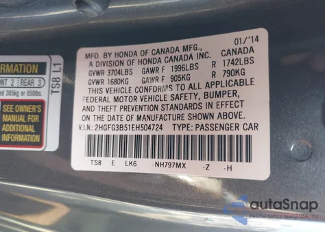 2014 Honda Civic Lx z USA, uszkodzony, nr VIN 2HGFG3B51EH504724
